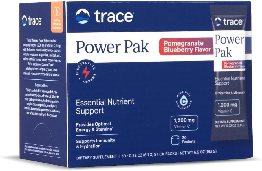 [BRSWKEI6DIGAA3Y7] Trace Minerals Power Pak Multivitamin and Multimineral Packets - Electrolyte Support - 1200 mg Vitamin C Plus 70 Pomegranate Blueberry Flavor - 30 Packets