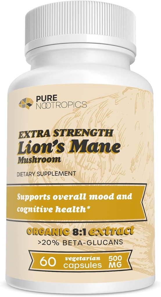 Organic Lion's Mane 8:1 Mushroom 500 mg | Dual Extract | 60 Vegetarian Caps | >20% beta-glucans | Hericium erinaceus | Brain Health