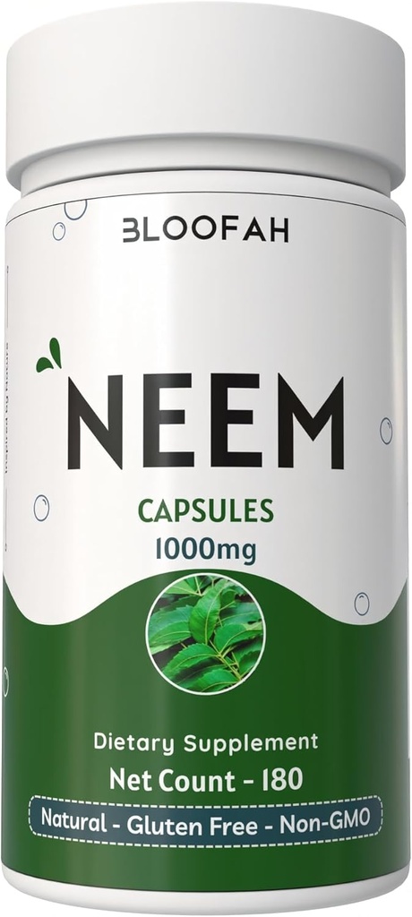 Neem Leaf Capsules 1000mg | Azadirachta Indica Natural Neem Leaf Powder | Non-GMO, Gluten-Free | Easy-to-Swallow Herbal Supplement | Traditional Botanical (180 Count (Pack of 1))
