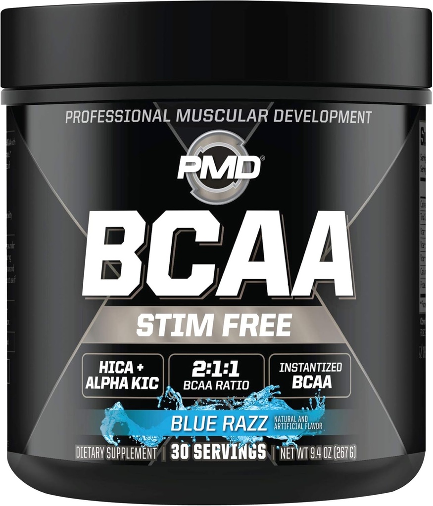 PMD Sports BCAA Stim-Free Amino Acids - Better Workout Performance, Enhanced Recovery, Daily Energy, Muscle Builder, and Muscle Sparing - BCAA Powder Drink Mix - Blue Razz (30 Servings)