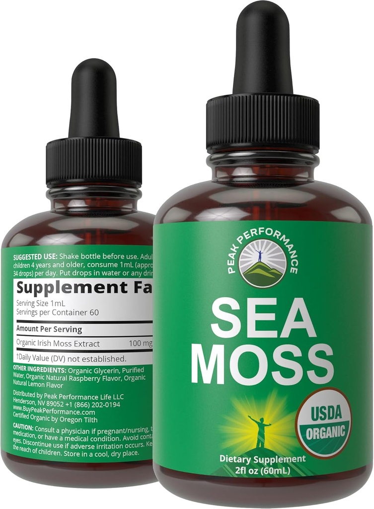 USDA Organic Sea Moss Liquid Drops Supplement. Vegan Irish Sea Moss Extract for Women and Men. Zero Sugar, Non Bitter. for Immune, Digestive, Respiratory Support. USDA Certified Organic