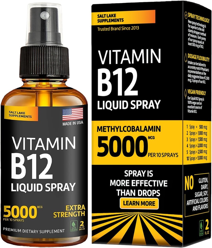 Vitamin B12 Sublingual Spray 5000 mcg – Vegan Methylcobalamin Liquid B12 Boost Energy, Mood & Brain Health - Gluten-Free, Non-GMO B12 Spray for Men & Women - Easy Dosage (5000 mcg in 10 Sprays)