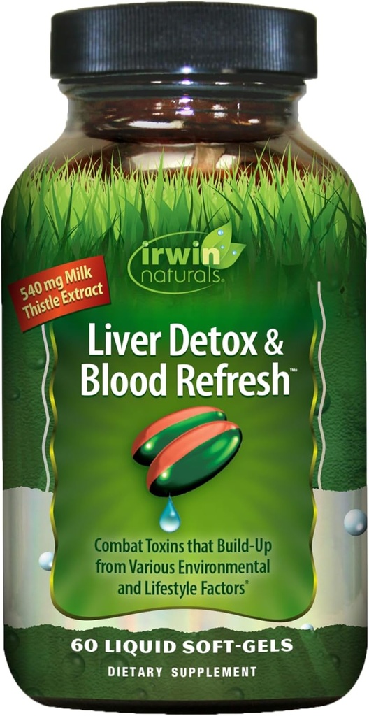 Irwin Naturals Liver Detox & Blood Refresh Powerful Herbal Whole-Body Cleanse & Detox with 540mg Milk Thistle, Dandelion, Echinacea, Turmeric & More - Antioxidant Support - 60 Liquid Softgels