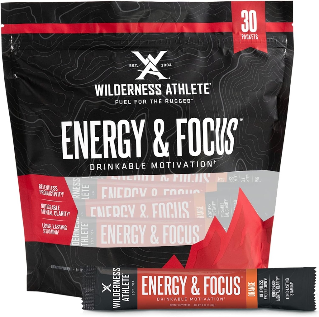Wilderness Athlete - Energy & Focus | Energy Booster for Women & Men - Energy Drink Mix with Natural Caffeine - Low-Carb, Zero Sugar Energy Drink Powder - 30 Serving Energy Drink Packets (Orange)