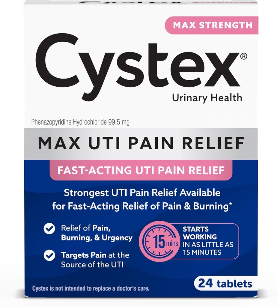Cystex Maximum-Strength UTI Pain Relief Tablets - 99.5 mg Phenazopyridine HCl for Fast Relief of Burning & Bladder Discomfort - 24-Count