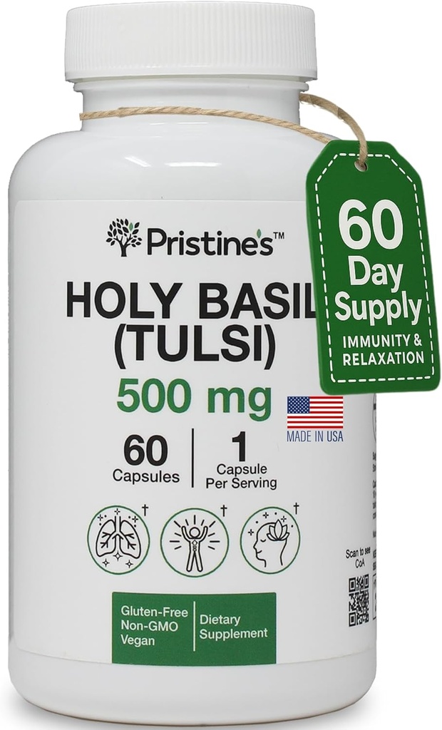 PRISTINE'S Holy Basil Capsules - 500 mg Gluten Free Immunity & Relaxation Support Adaptogen Supplement - 60 Day Supply - Tulsi Holy Basil Leaf Extract Capsules - Vegan - Non-GMO