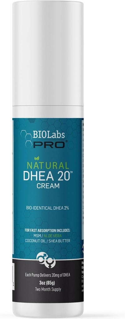 BIOLABS PRO All Natural Bioidentical 20mg Dhea Cream - Two Month Supply - for Men or Women (Unscented - 3.0oz)