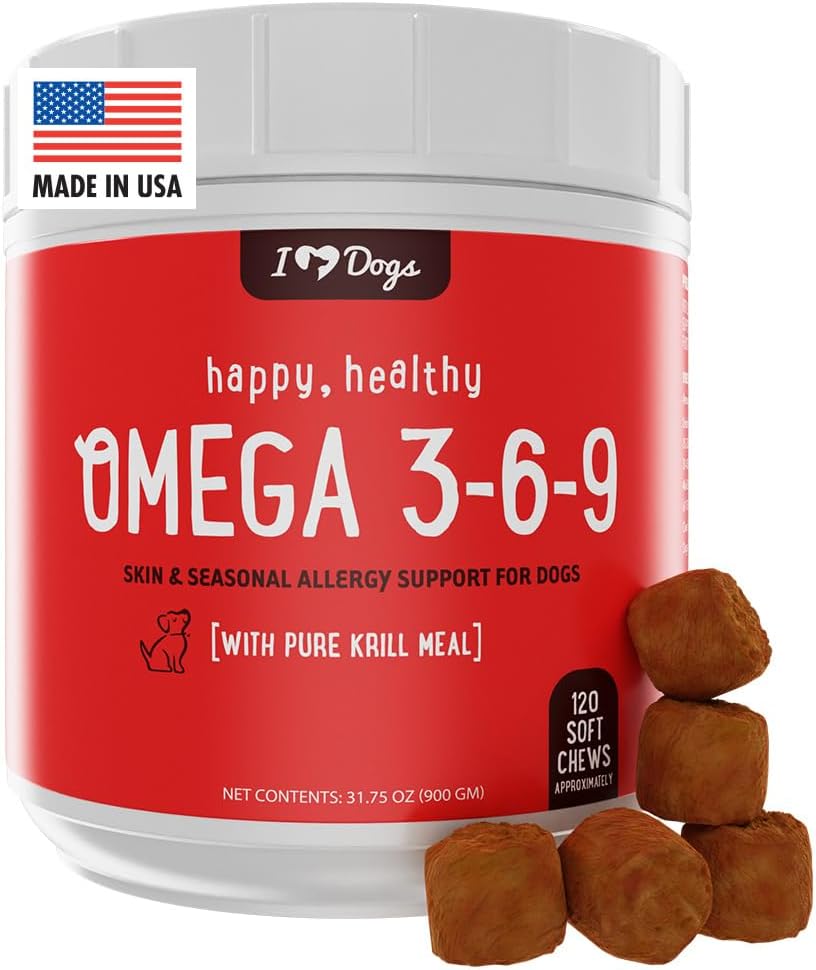 iHeartDogs Omega 3-6-9 for Dogs - Skin and Coat Fish Oil Supplement for Dogs with Pure Antarctic Krill Oil - Allergy & Itchy Skin Relief Chews, 120 Count