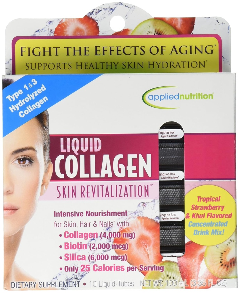 Applied Nutrition Liquid Collagen Skin Revitalization - 10 Liquid Tubes - Collagen, Biotin & Silica - Tropical Strawberry & Kiwi Flavor - 10 Servings