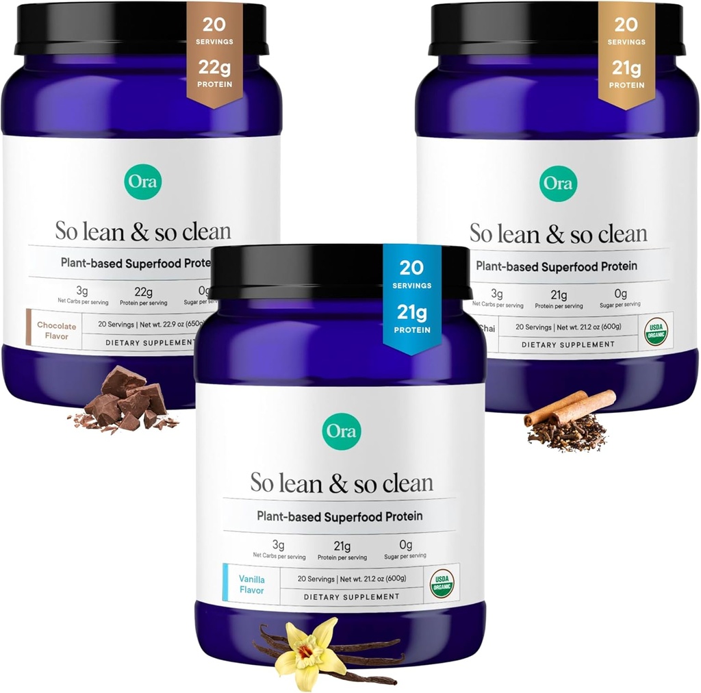 Ora Organic Protein Powder Vanilla, Chocolate & Vanilla Chai Bundle: 21g Plant Based, Vanilla, Vanilla Chai, 20 Servings + 22g Plant Based, Chocolate, 20 Servings