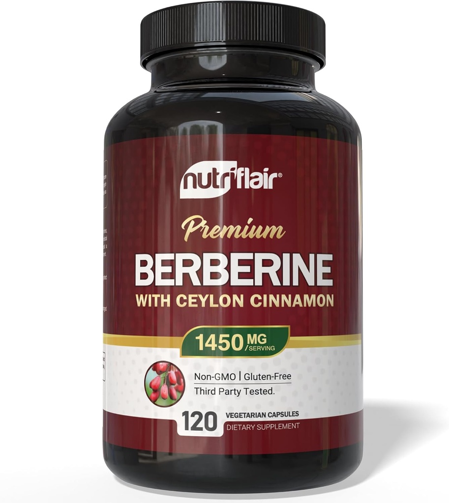 NutriFlair Berberine with Ceylon Cinnamon 1450mg Supplement – 120 Capsules | High Potency Formula with Berberine HCl & Organic Ceylon Cinnamon | Non-GMO, Vegan, Gluten-Free