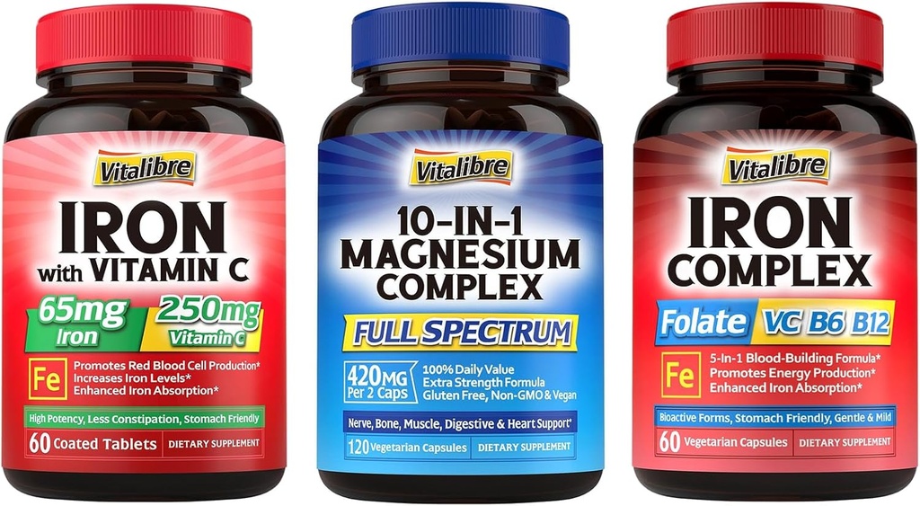 10 in 1 Magnesium Complex & Iron Supplement, 65mg Carbonyl Iron with 250mg Vitamin C & 5 in 1 Iron Complex