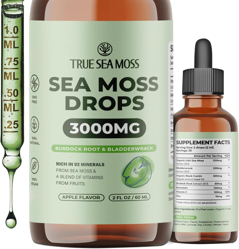 3000mg Irish Sea Moss Drops with Burdock Root & Bladderwrack for Digestive System & Muscle Recovery Support - 2 Fl Oz Apple NW1