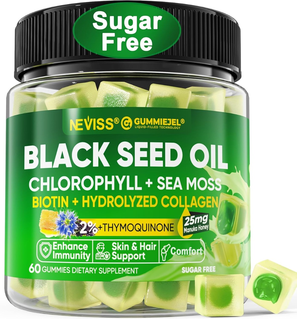 Black Seed Oil Gummies, Chlorophyll & Sea Moss Supplement 500mg, Biotin 500mcg with Hydrolyzed Collagen for Skin, Hair & Nails, Vit E, C, Zinc for Overall Health, Organic Cold Pressed, High Absorption