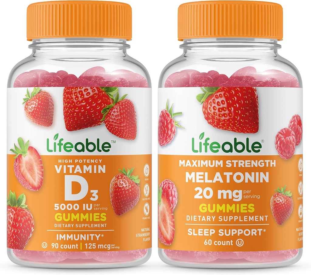 Lifeable Vitamin D 5000 IU + Melatonin 20mg, Gummies Bundle - Great Tasting, Vitamin Supplement, Gluten Free, GMO Free, Chewable Gummy