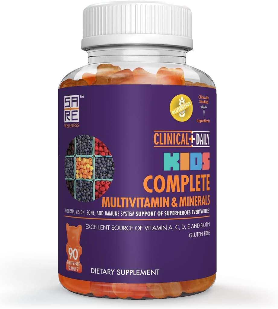 Clinical Daily Complete Kids Multivitamin Daily Gummy Supplement for Brain, Vision, Bone and Immune Health. Vitamins A, C, E,D,B6,B12, Folate, Biotin, Essential Minerals. 90 Gluten Free Yummy Gummies