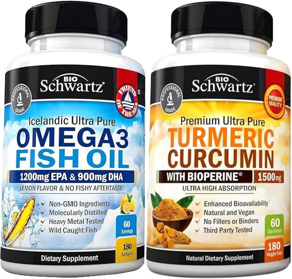 [BRSRAAANAUMBMETB] Triple Strength Omega 3 Fish Oil Softgels (2 Month Supply) Plus Turmeric Curcumin with Black Pepper Extract 1500mg Complex (2 Month Supply)