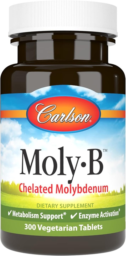 Carlson - Moly-B, Chelated Molybdenum Supplements, Metabolism Support & Enzyme Activation, Molybdenum Glycinate Chelate, 300 Vegetarian Tablets