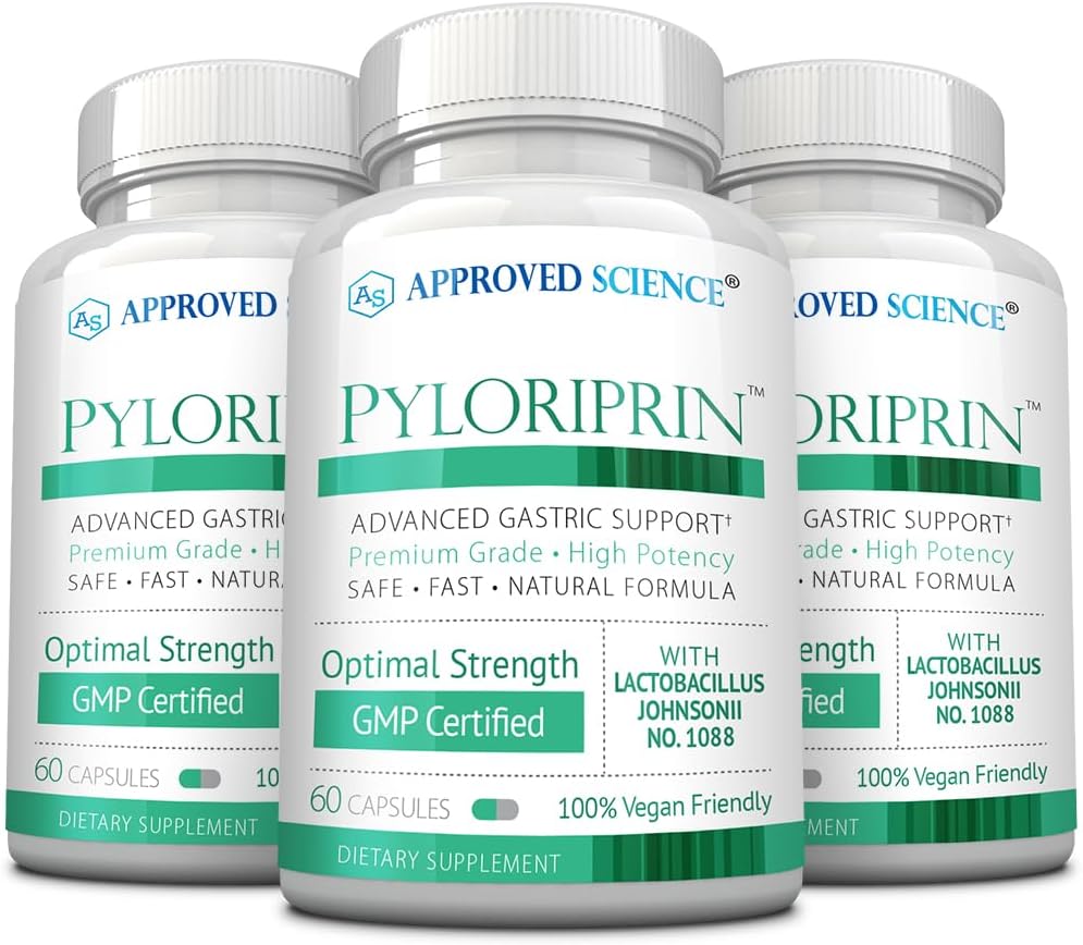 Approved Science Pyloriprin - Advanced Digestive Support for A Healthy Stomach - Zinc L-Carnosine, Probiotic, Broccoli Sprout, Deglycyrrhized Licorice - 180 Capsules - Three Month Supply - Vegan