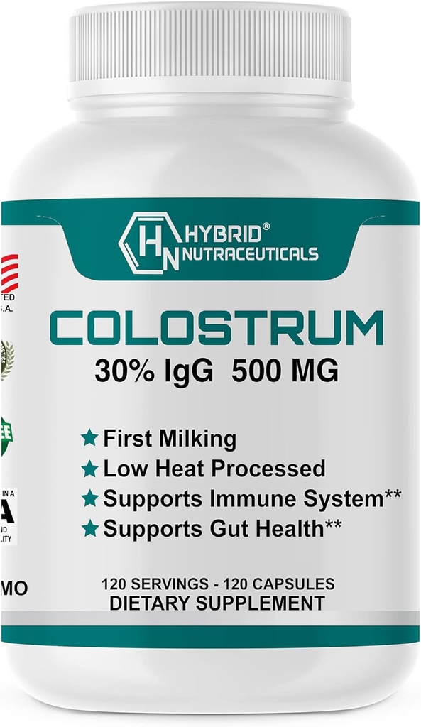 Hybrid Nutraceuticals Bovine Colostrum Supplement - Muscle Building - Immune Support - Powerful Digestion - Lactoferrin Supplement (120 Colostrum Capsules - 500mg - 30% IgG)