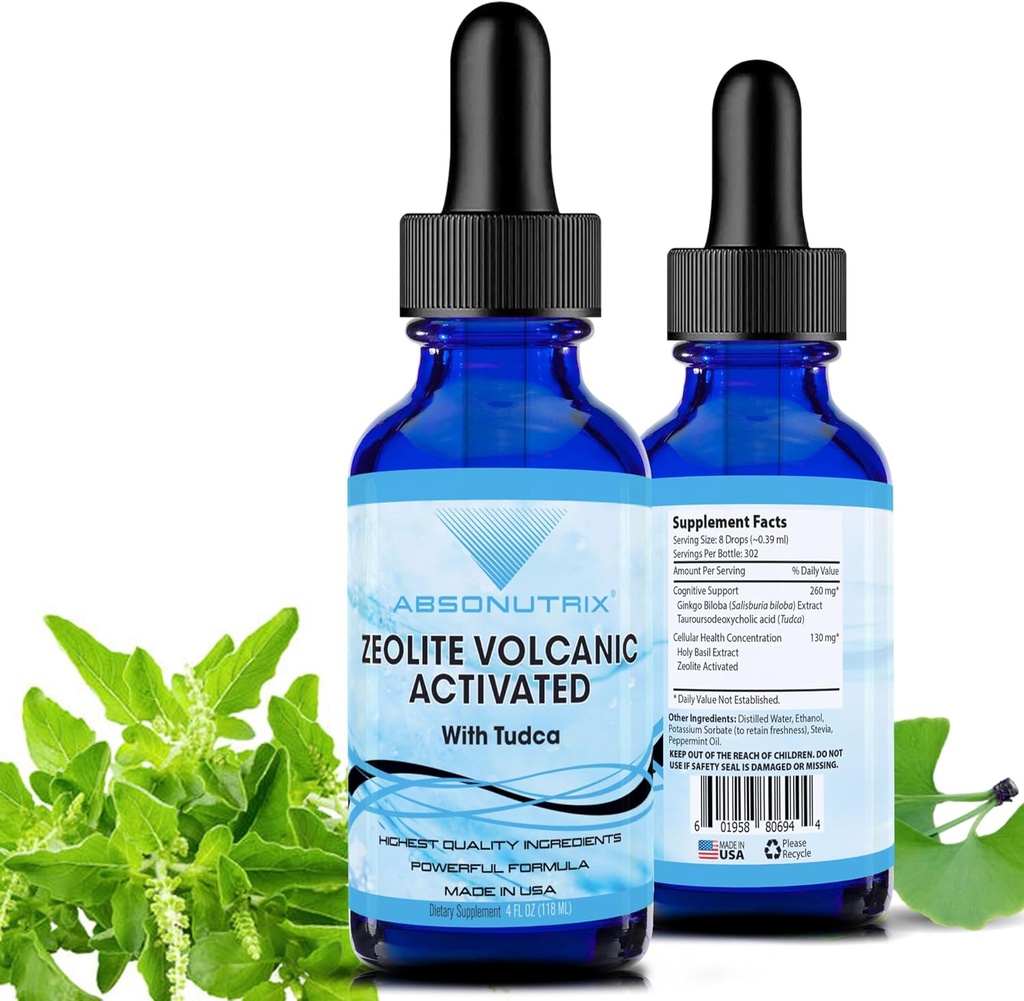 Absonutrix Zeolite Volcanic Activated with Tudca Advanced Formula 390 mg, 4 Oz Liquid, 302 Servings, Made in USA, Quick Absorption,Non-GMO, GMP Certified Facility, Cruelty-Free Products