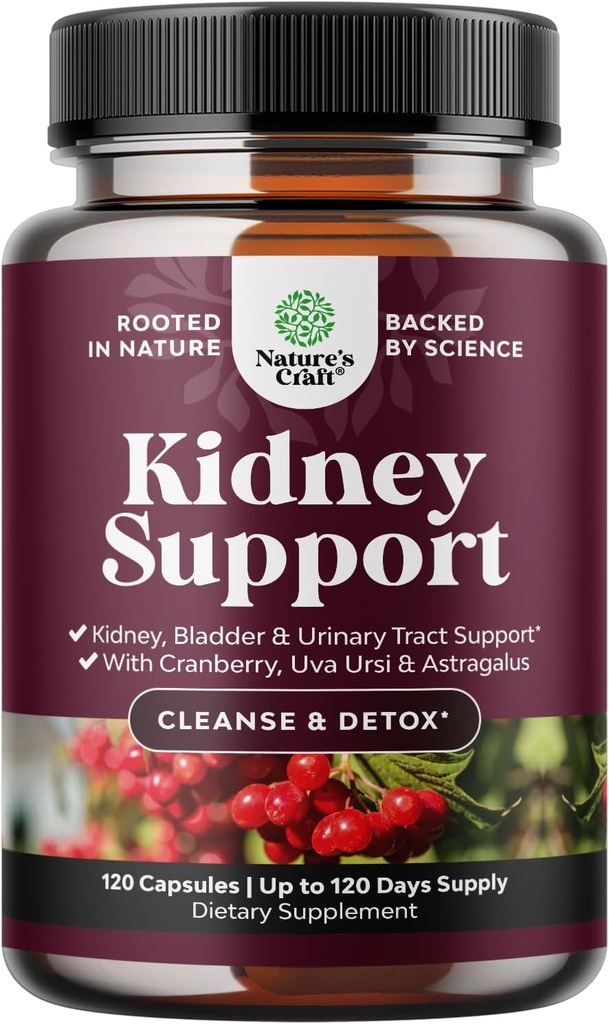 Advanced Kidney Support Supplement - Kidney Cleanse Detox & Repair Cranberry Extract Capsules with Uva Ursi, Stinging Nettle & Astragalus for Kidney Health - Urinary Tract Health - 120 Caps