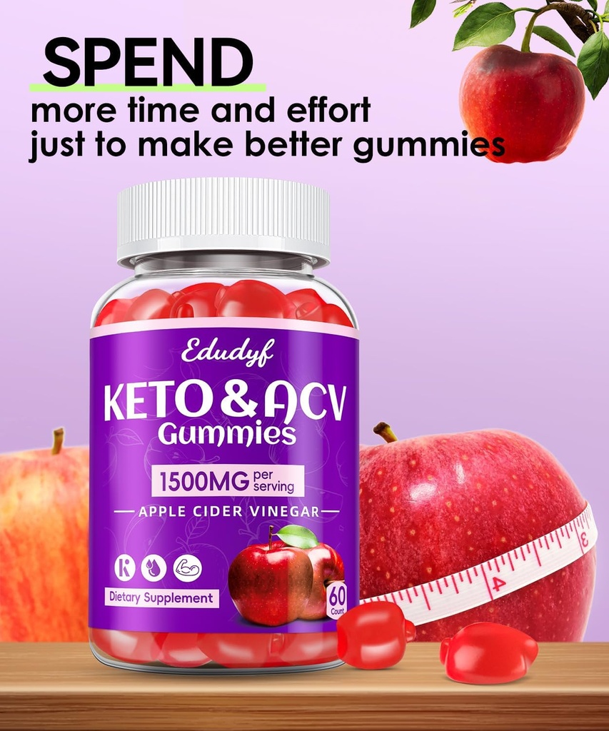 Keto ACV Gummies with B12 B6 – 1500 mg Apple Cider Vinegar Supplement with Pomegranate and Beet Juice, Vegan & Gluten-Free, 180 Gummies for Men & Women