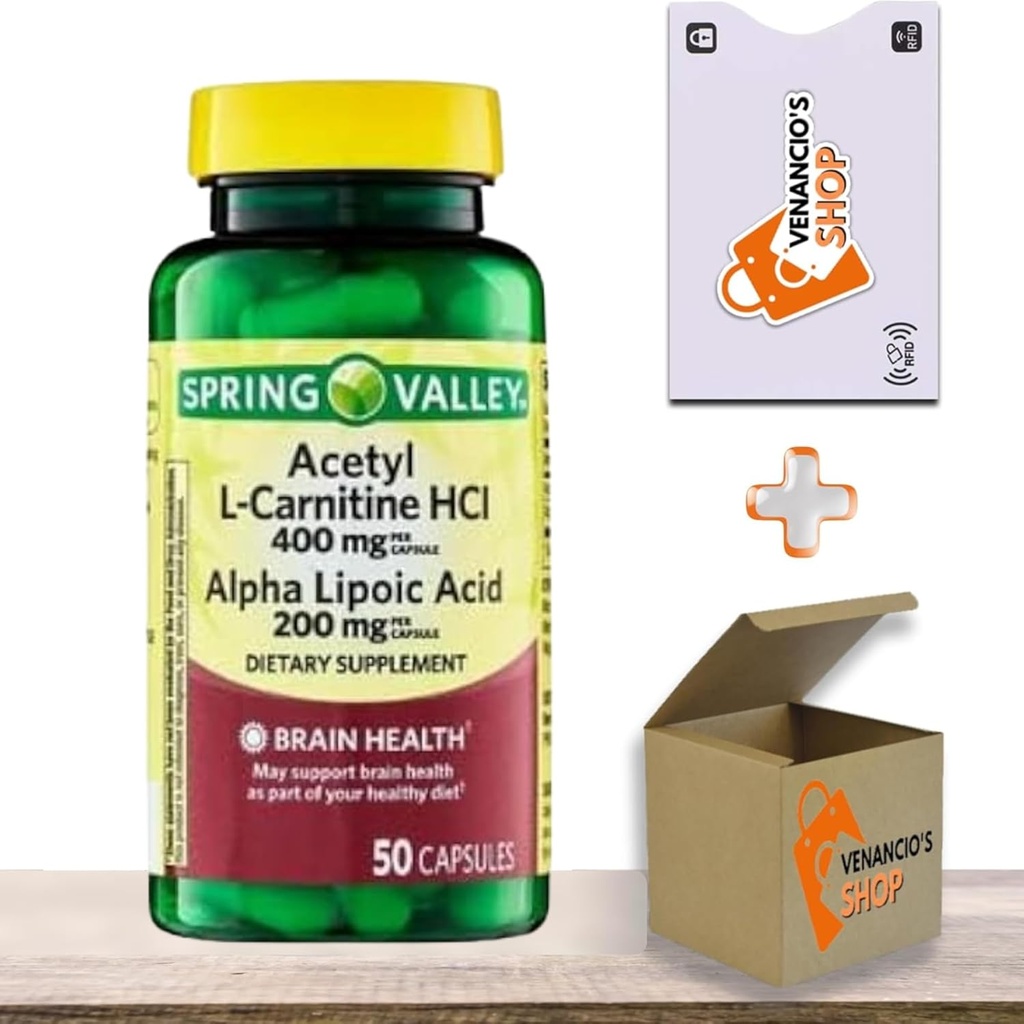 Acetyl L-Carnitine 400 mg + Alpha Lipoic Acid 200 mg • Antioxidant & Cellular Energy Support • 50 Capsules by Spring Valley + Vena’s Sticker (Pack of 1)