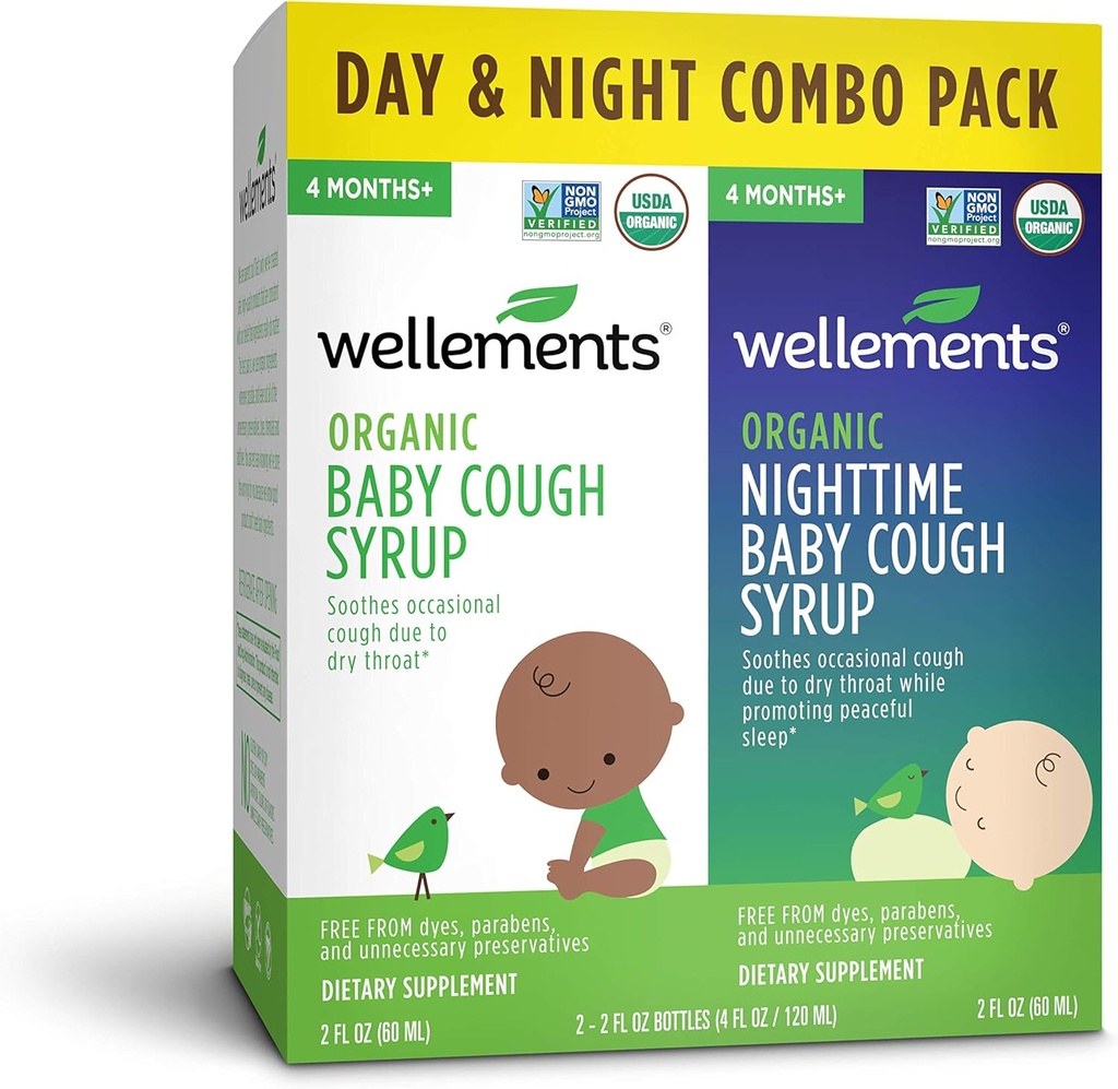 [BRSWYYIDB4HAO3A2] Wellements Organic Baby Cough Syrup Day & Night Value Combo Pack | Daytime & Nighttime Baby Cough Relief, Calms Dry Throats * USDA Organic | (2) 2 Fl Oz. Bottles, 4 Months+