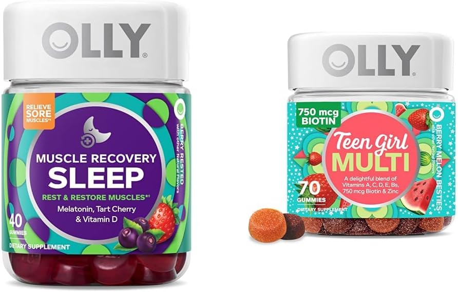 OLLY Muscle Recovery Sleep Gummies 40 Count and Teen Girl Multi Gummy, Vitamins, 70 Count