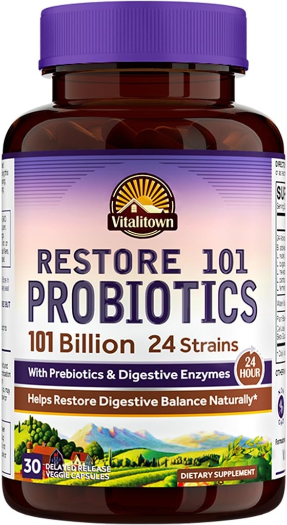 Vitalitown Probiotics 101 Billion CFUs, 24 Strains, Prebiotics and Probiotics, Digestive Enzymes, Shelf Stable Probiotic Supplement, Probiotic for Men and Women, 30 Caps