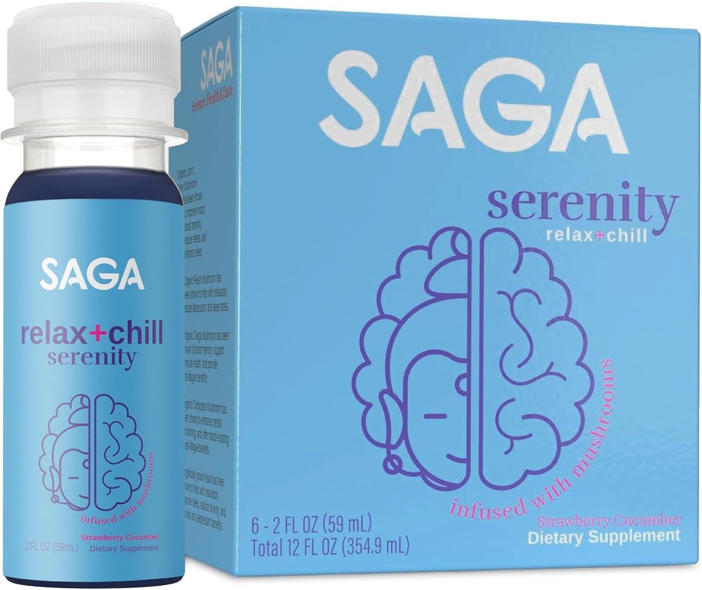 SAGA Organic Relaxation Shots with Kava, Lion’s Mane & Reishi | Fast-Acting Mushroom & Adaptogen Drink for Calm, Stress Relief & Mood Support | Vegan | Strawberry Cucumber