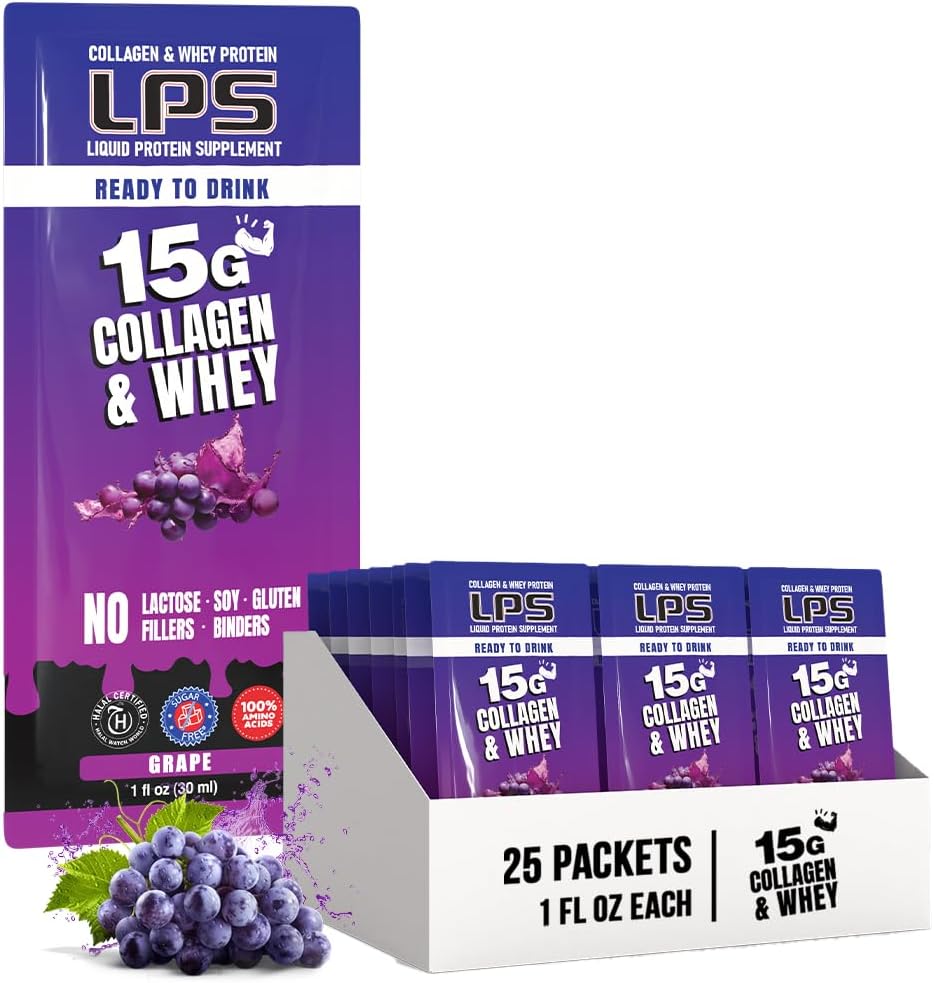 Nutritional Designs LPS Liquid Collagen & Whey Protein Supplement - Non-GMO Drink, Sugar-Free - Promotes Healthy Skin & Hair for Men & Women, Grape, Single Serve (25 Packets)