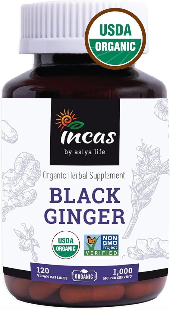 INCAS USDA Organic Thai Black Ginger for Men 120 Vegan Capsules 500mg Non GMO Verified | First & Only Organic Certified Kaempferia Parviflora Thai Ginseng