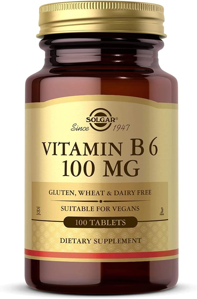 Solgar Vitamin B6 100 mg, 100 Tablets - Supports Energy Metabolism, Heart Health & Healthy Nervous System - B Complex Supplement - Vegan, Gluten Free, Dairy Free, Kosher - 100 Servings