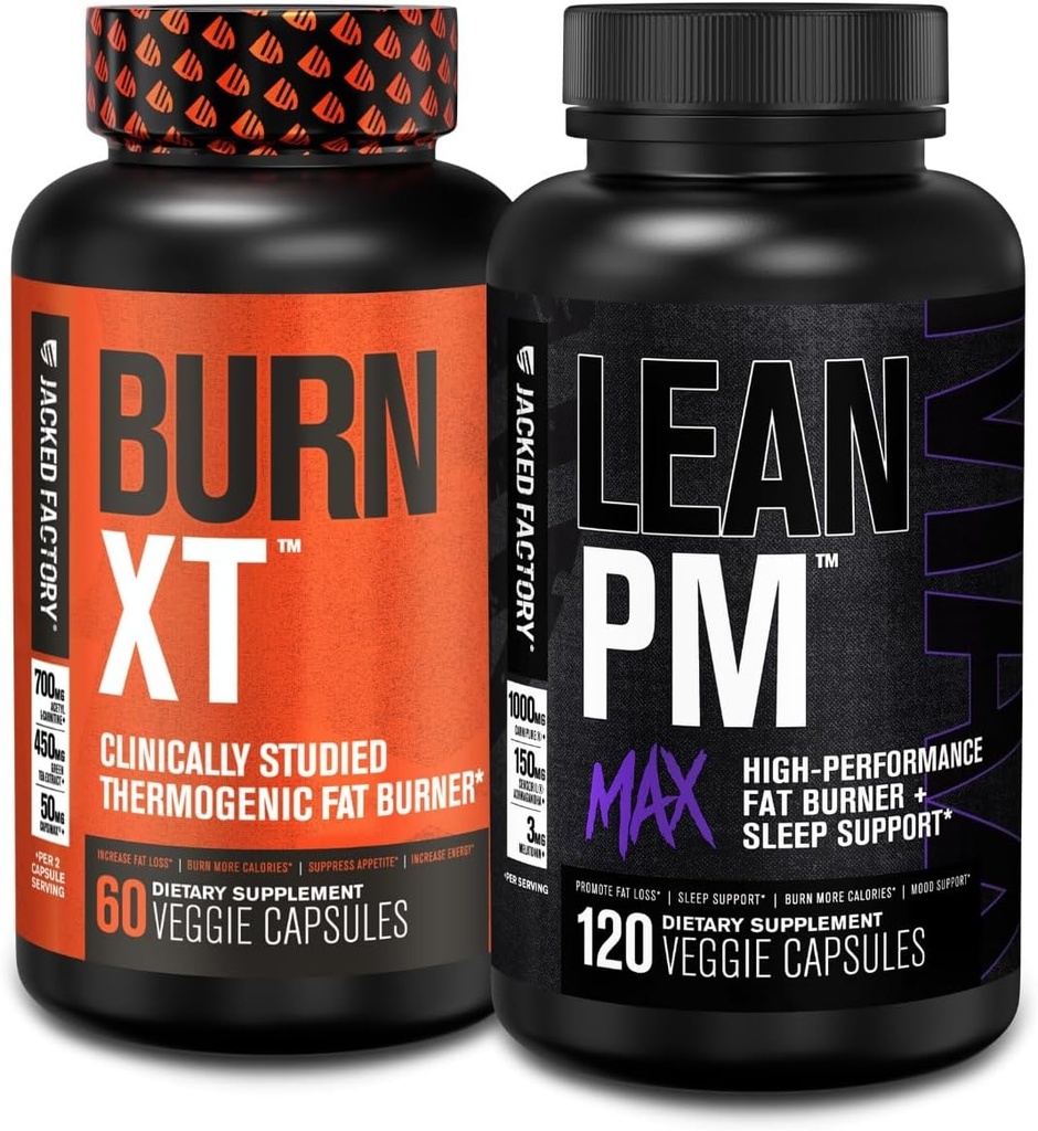 Jacked Factory Burn-XT Clinically Studied Thermogenic Weight Loss (60 Capsules) - Lean PM MAX Sleep Aid (120 Capsules) for Appetite Suppression (180 Capsules)