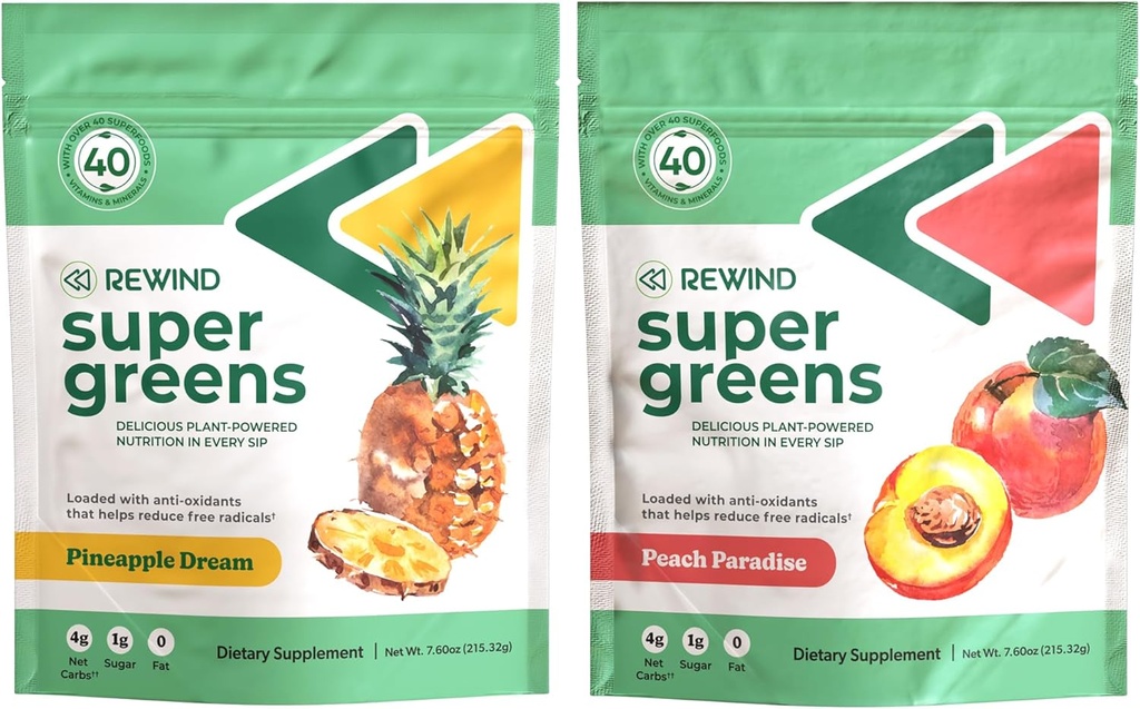 Super Greens Powder - Supports Energy, Immunity, and Gut Health - Over 40 Superfoods - Delicious Powdered Greens - Pineapple and Peach