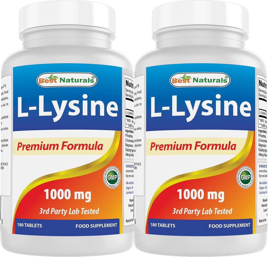 [BRSW2AYNOYIWY23K] Best Naturals L-Lysine 1000mg 180 Tablets (180 Count (Pack of 1)) (2 Bottles)