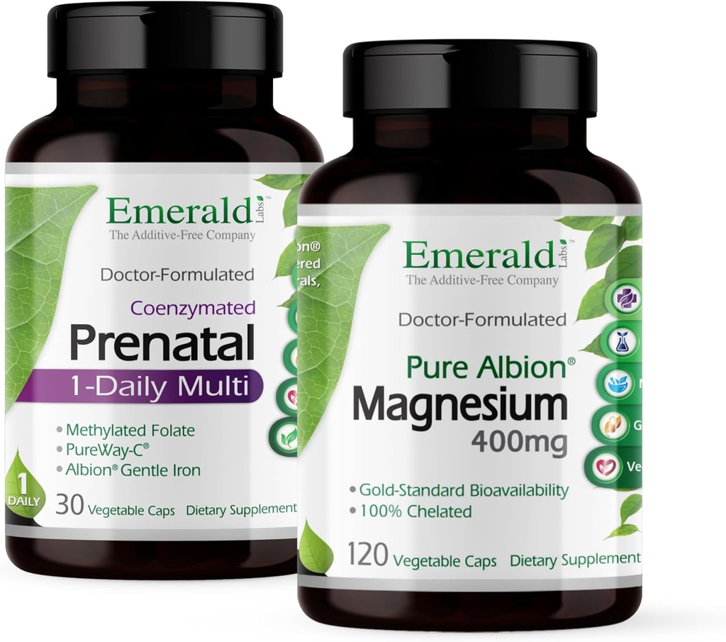 Emerald Labs Bundle with Prenatal 1-Daily Multi (60 Veg Caps) & Magnesium 400mg (120 Veg Caps) - Prenatal Multivitamin with Methylated Folate, Iron & More* - Bone & Sleep Support with Albion Magnesium