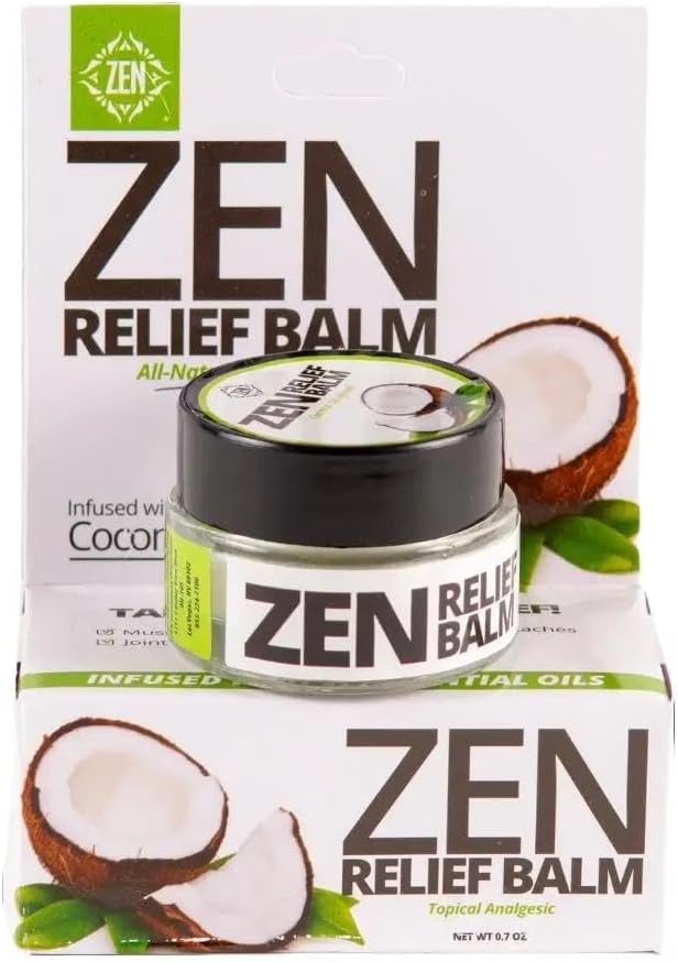 ZEN Relief Balm® with Coconut Oil & 11 Essential Oils- Relieves Muscle Pain, Spasms, Cramps, Headaches and Backache, Moisturizing - 0.7 oz (Pack of 1)