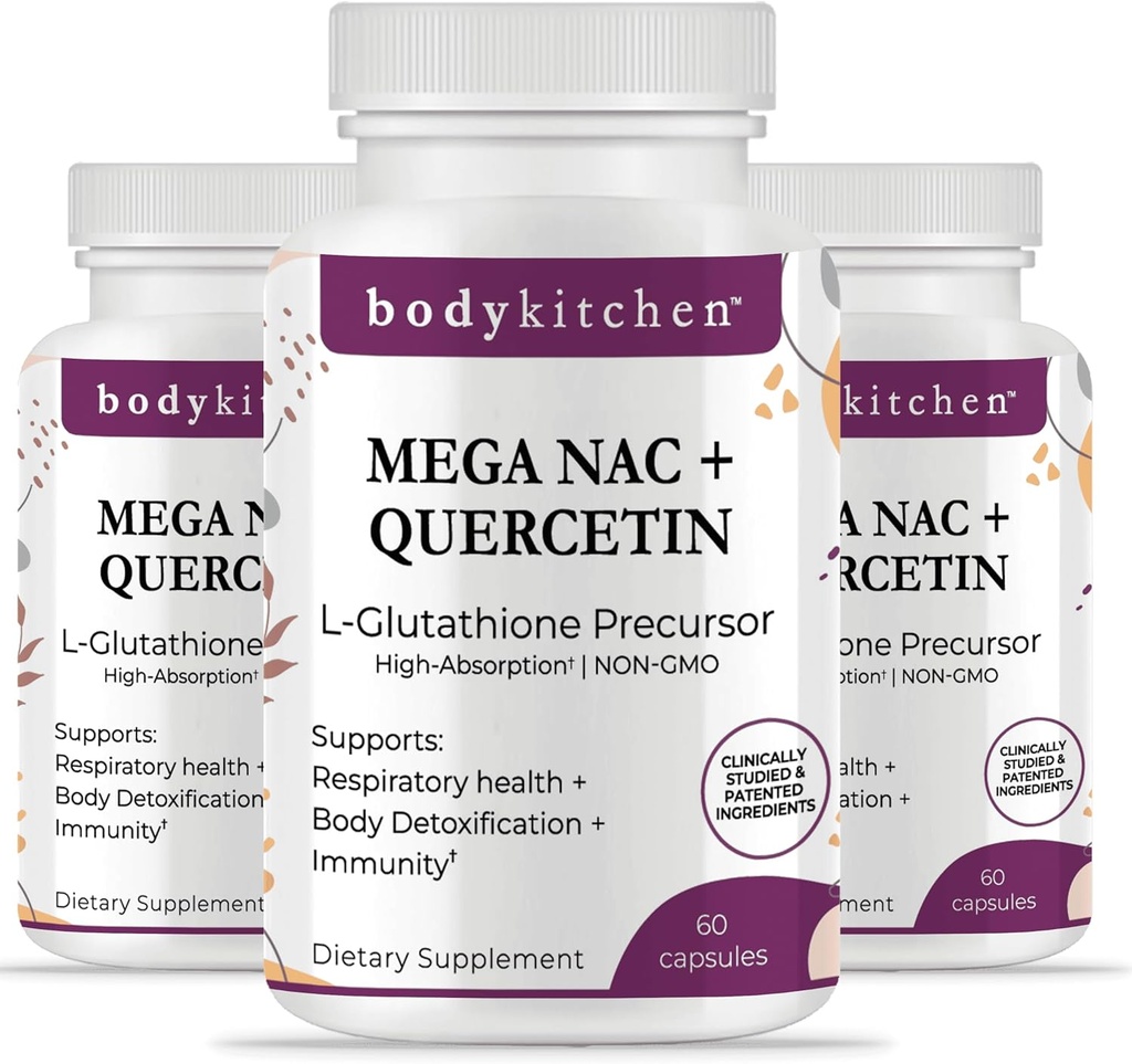 Body Kitchen Mega NAC (N-Acetyl Cysteine) 600 mg with Quercetin, Supports Respiratory Health and Immune Function and Promotes Liver and Kidney Detox, Veggie Caps, (Pack of 3)
