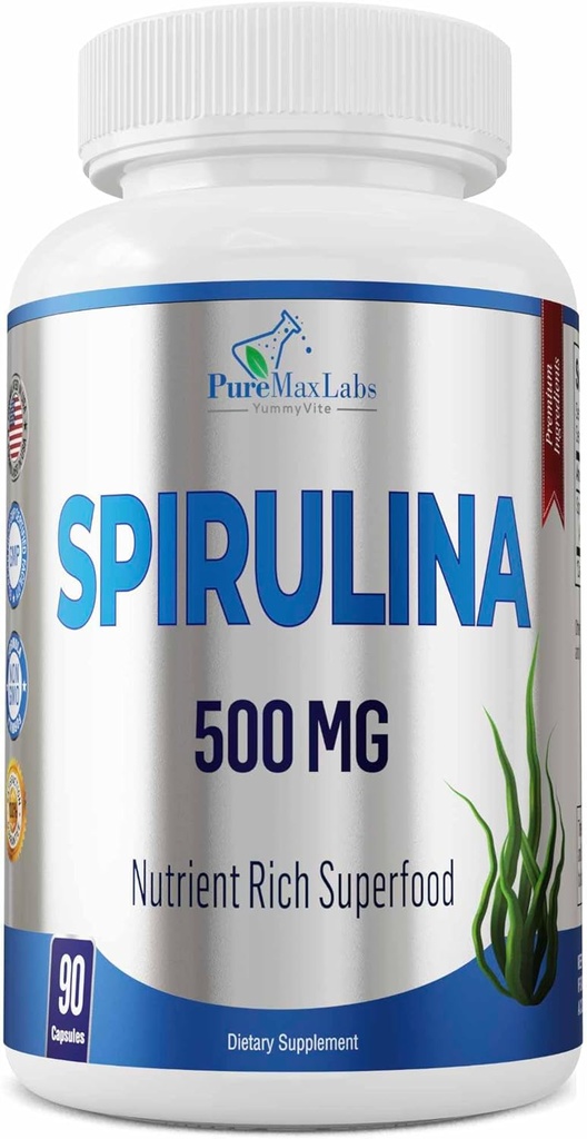 Spirulina 500mg Capsules - Nutrient Rich Superfood, High in Antioxidants - 90 Capsules