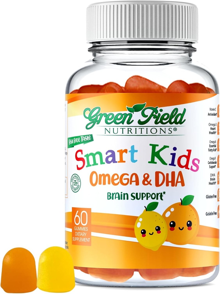 Greenfield Nutritions Smart Kids Halal Omega 3 Gummies with DHA - 60 Halal Vitamins for Kids, Supports Brain & Immune Health - Vegan, Non-GMO, Gluten, Gelatin-Free and Peanut-Free Halal Gummy Vitamins