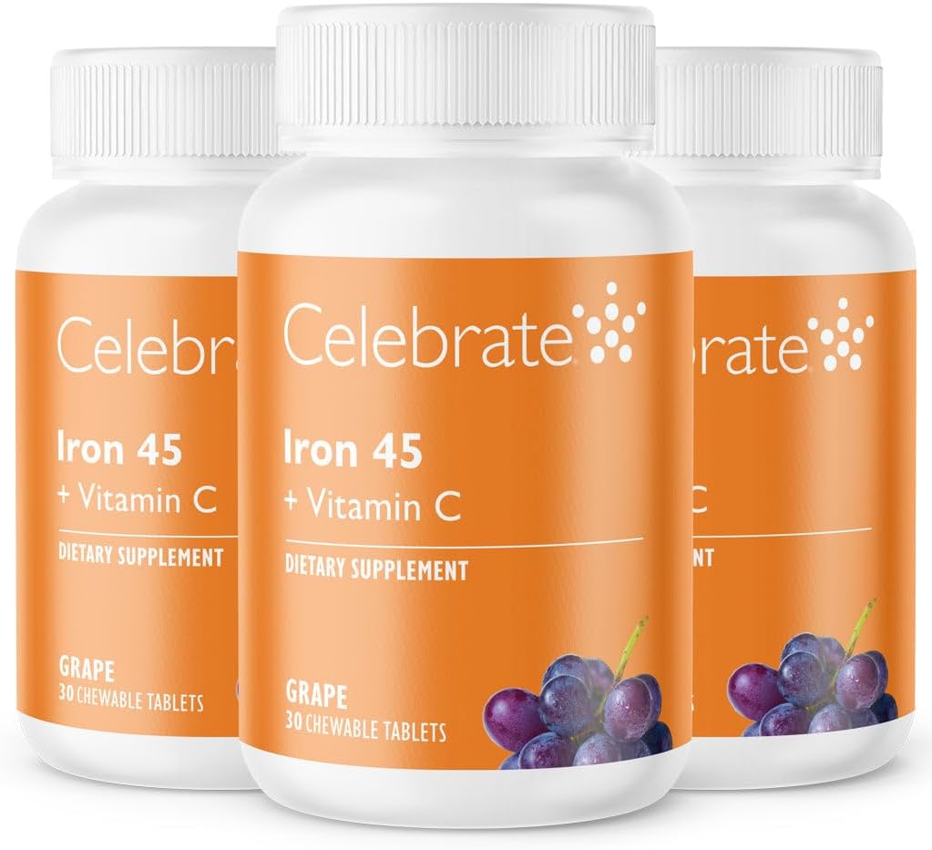 Celebrate Vitamins Iron Supplement with Vitamin C - 45mg Iron, 60mg Vitamin C, Bariatric Vitamins for WLS Patients, Vertical Sleeve & Gastric Bypass Surgery - Grape, 90 Chewable Tablets