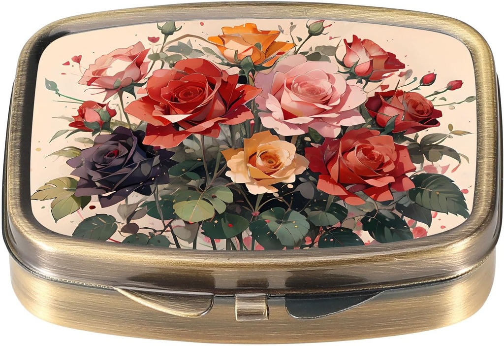 Dynippy Pill Case Pill Box with Mirror Retro Pocket 2 Compartment Medicine Case Vitamin Pill Organizer for Pocket Purse and Travel (Cute Flower)