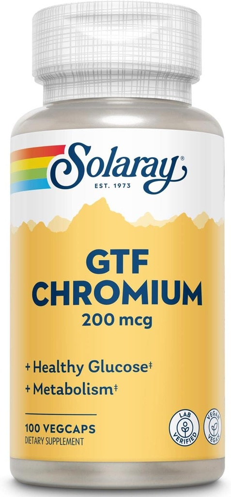 Solaray GTF Chromium Capsules, 200mcg | 100 Count | Pack of 3