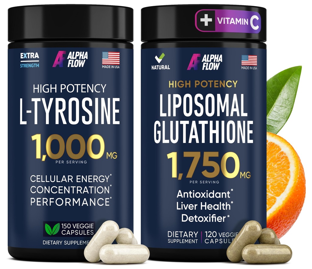 Alpha Flow (Bundle) L Tyrosine 1000mg & Liposomal Glutathione 1750mg - All-Natural Focus, Energy, and Liver Support - Non-GMO, Gluten-Free, Vegan - 270 Capsules Total