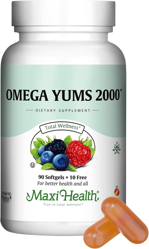 Maxi Health Fish Oil 2000mg - Omega 3 Supplement for Adults and Kids - Fruity Burst - Omega-3 Fish Oil Source of EPA/DHA Fatty Acids - Heart, Brain, Joint Health - Kosher Certified - 100 Softgels