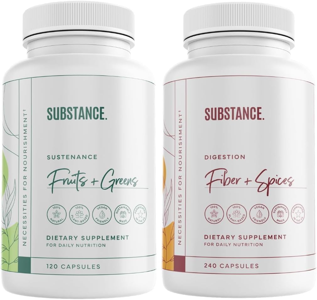 SUBSTANCE. Bundle: Nature's Sustenance Daily Fruits & Veggies (120 Capsules) + Nature's Fiber & Spices (240 Capsules) - Enhance Digestive Health, Energy & Overall Wellness - US Made, Vegan-Friendly