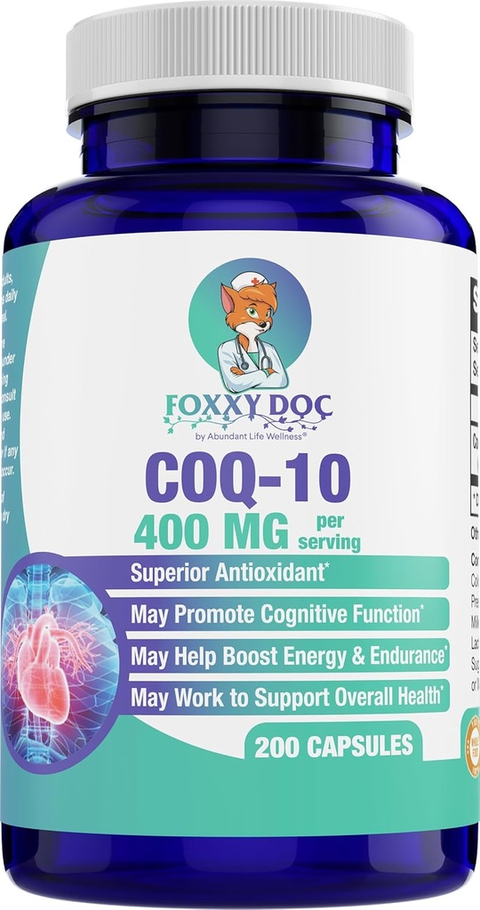 CoQ10 400 MG Per 2 Caps - Ubiquinone - Excellent Value - Heart, Brain & Cellular Supplement - Energy Support - 200 Vegetable Caps in Bottle - by Foxxy Doc
